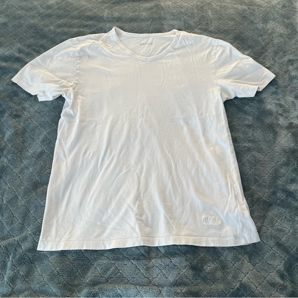 Hugo Boss Mens White Cotton V-Neck Short Sleeve T-Shirt Logo Size S